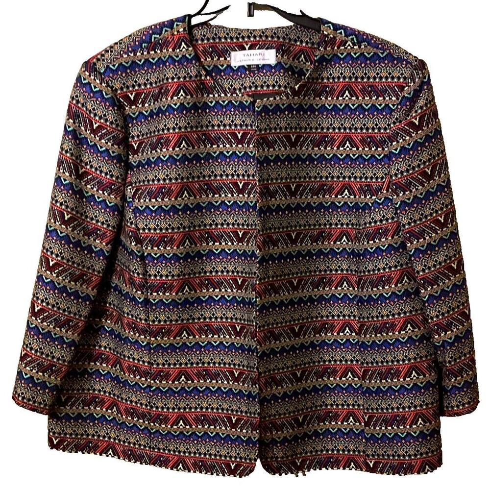 Tahari Arthur S. Levine Collarless Blazer Jacket Woven Chevron Geometric 24W